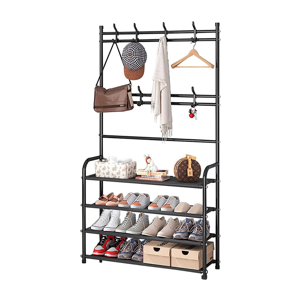 Entrance Hanger Hall Tree with Shoe Rack Storage Rack Hanger Freestanding with 4 Storage Shelves and 8 Double Hooks