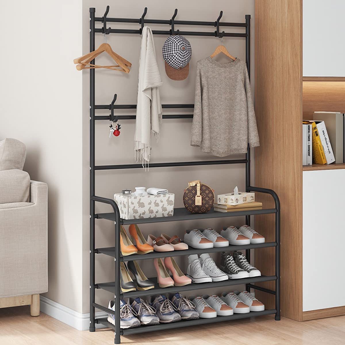 Entrance Hanger Hall Tree with Shoe Rack Storage Rack Hanger Freestanding with 4 Storage Shelves and 8 Double Hooks