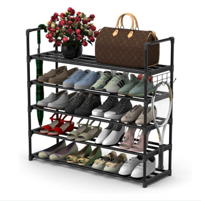 5 Tiers Black Adjustable Entryway Metal Shoe Rack Shoe Shelf Storage Organizer Rack Cabinet