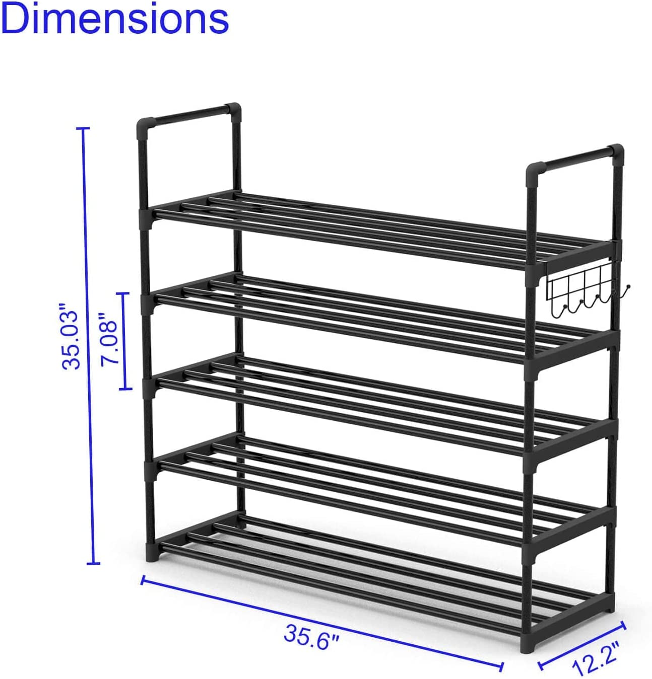 5 Tiers Black Adjustable Entryway Metal Shoe Rack Shoe Shelf Storage Organizer Rack Cabinet