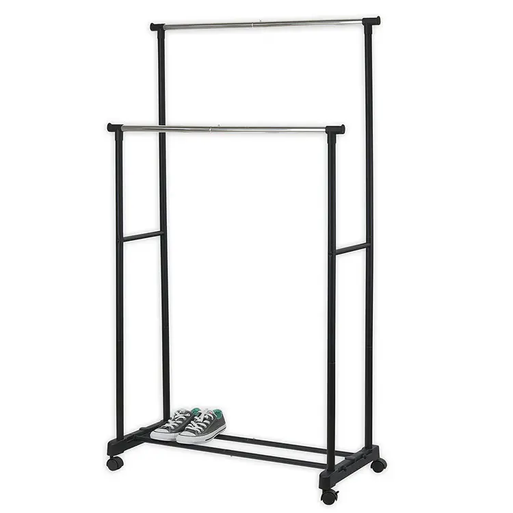 Double pole telescopic foldable garment rack stand clothes shoes drying rack hanger with wheel