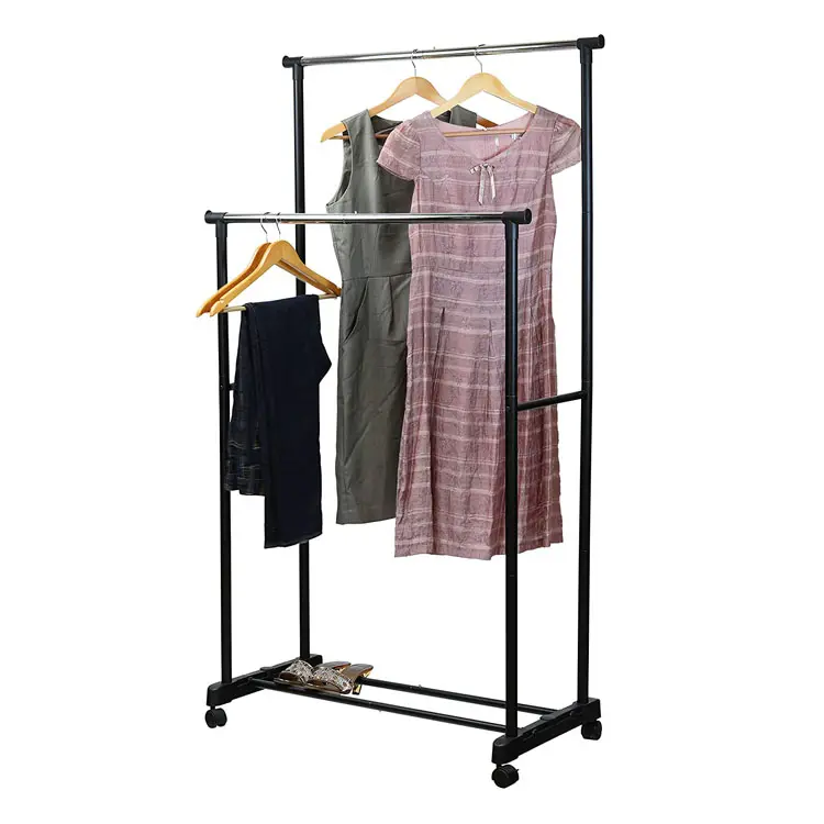 Double pole telescopic foldable garment rack stand clothes shoes drying rack hanger with wheel