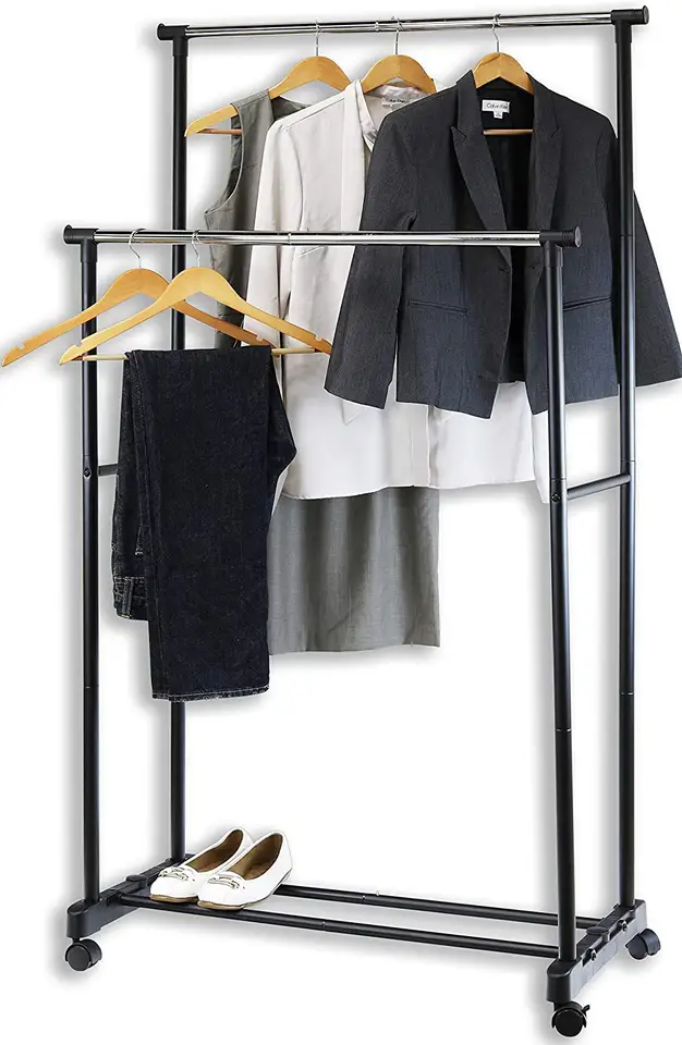 Double pole telescopic foldable garment rack stand clothes shoes drying rack hanger with wheel