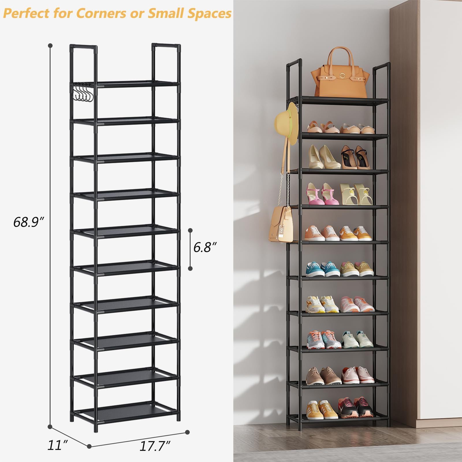 Adjustable Shoe Rack 10 Tiers Tall Shoes & Boots Storage Organizer Durable Shoe Rack With Metal Hooks