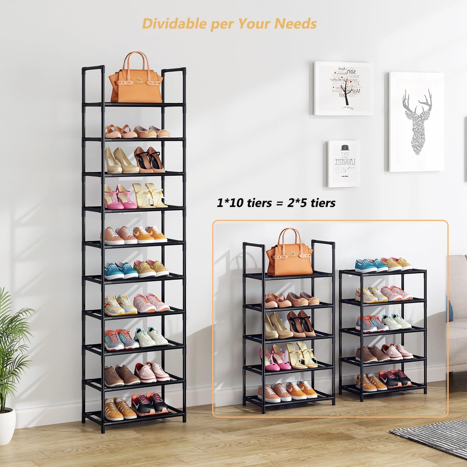 Adjustable Shoe Rack 10 Tiers Tall Shoes & Boots Storage Organizer Durable Shoe Rack With Metal Hooks