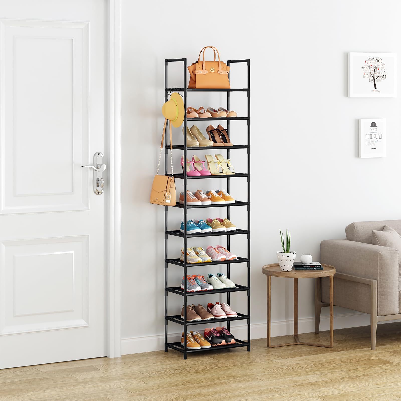 Adjustable Shoe Rack 10 Tiers Tall Shoes & Boots Storage Organizer Durable Shoe Rack With Metal Hooks