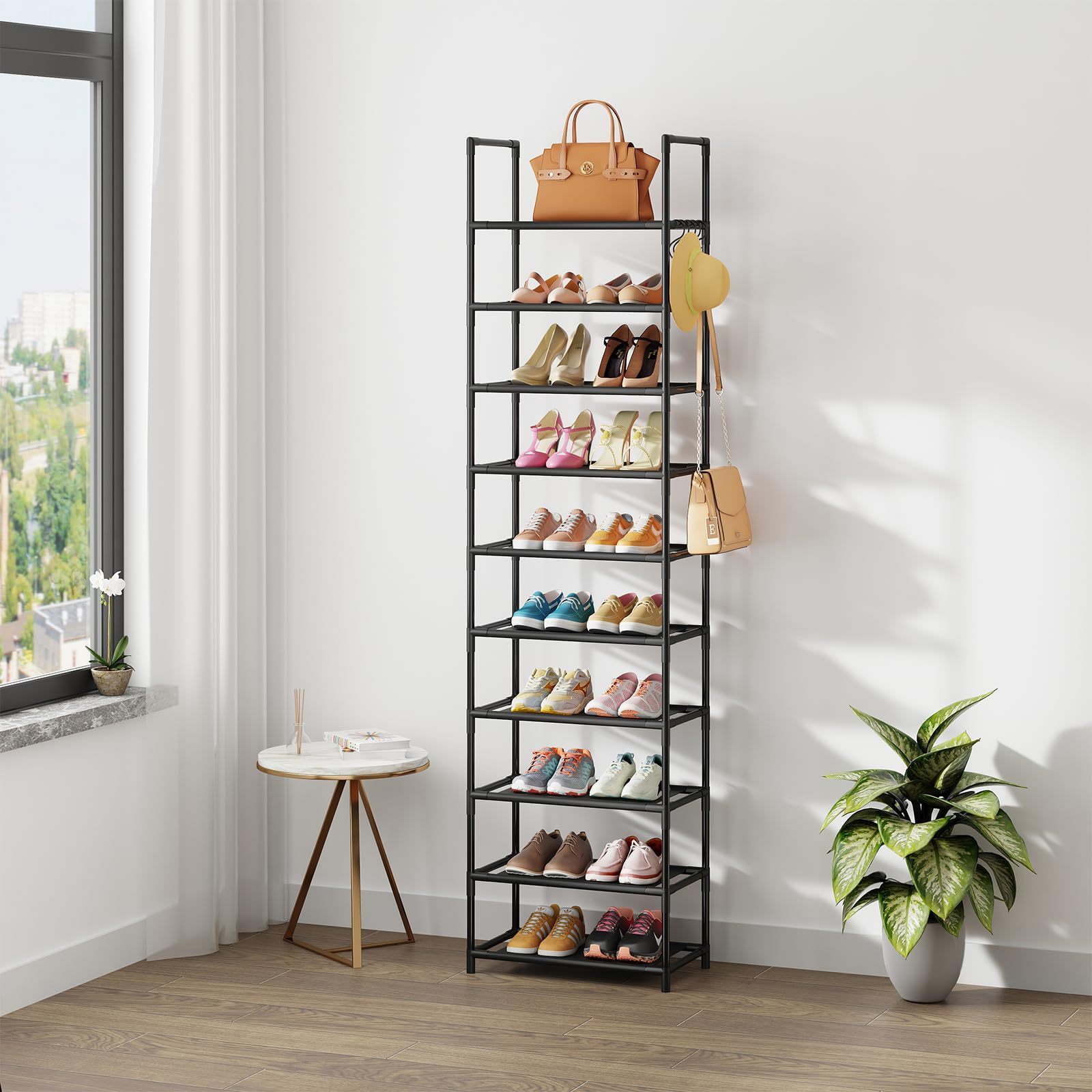 Adjustable Shoe Rack 10 Tiers Tall Shoes & Boots Storage Organizer Durable Shoe Rack With Metal Hooks