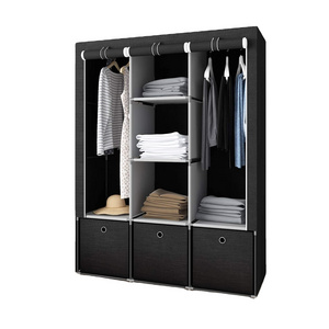 Fabric Wardrobe 3 Drawers Portable Clothes Closet Storage Organizer With Compartments And Rods