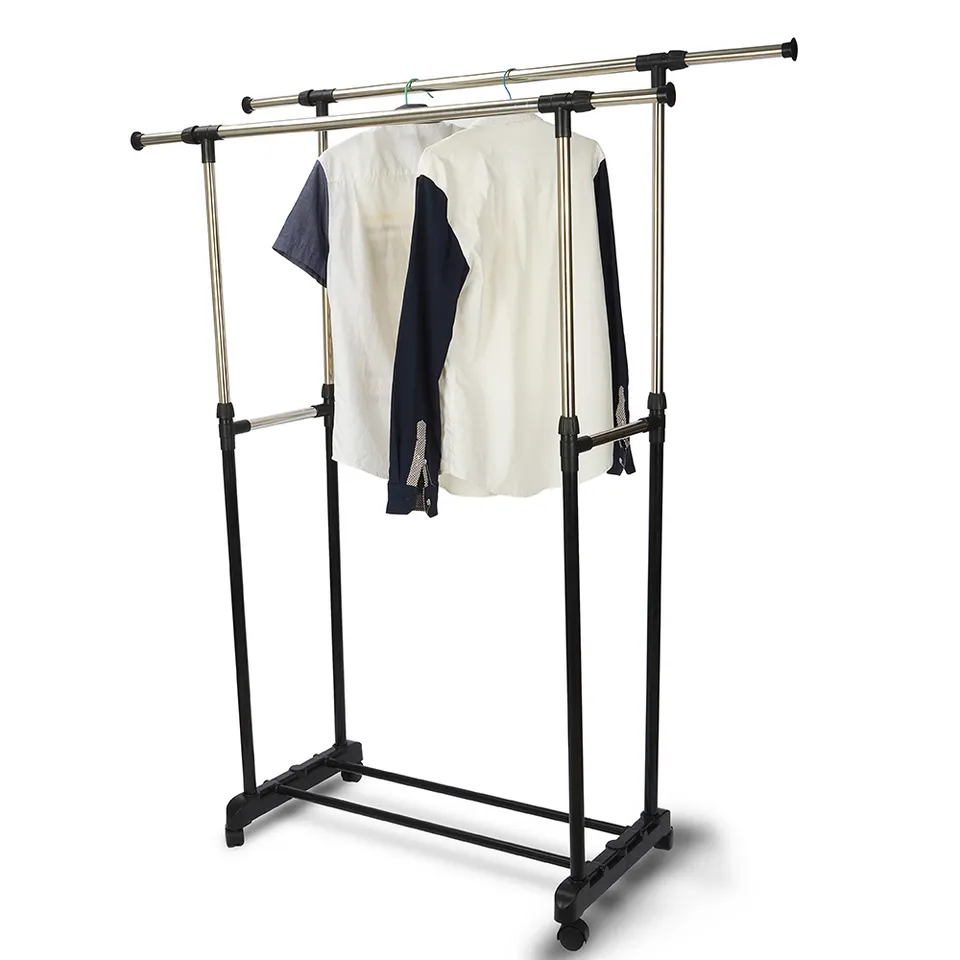 Black Double Rod Height Adjustable Telescopic Hanging Coat Rack With 2 Tier Storage Rack