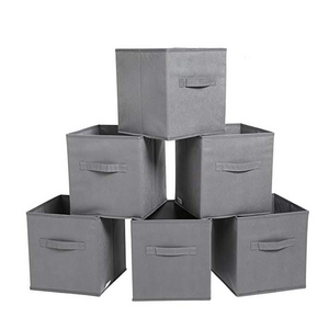 Set of 3 Grey Fabric Basket Box Cubes Containers Organizer for Closet Shelves with Leather Handles