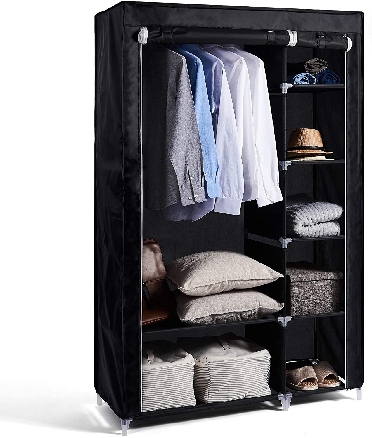 Portable Wardrobe Double Wardrobe Storage Organizer with Hanging Rail Foldable Closet for Clothes