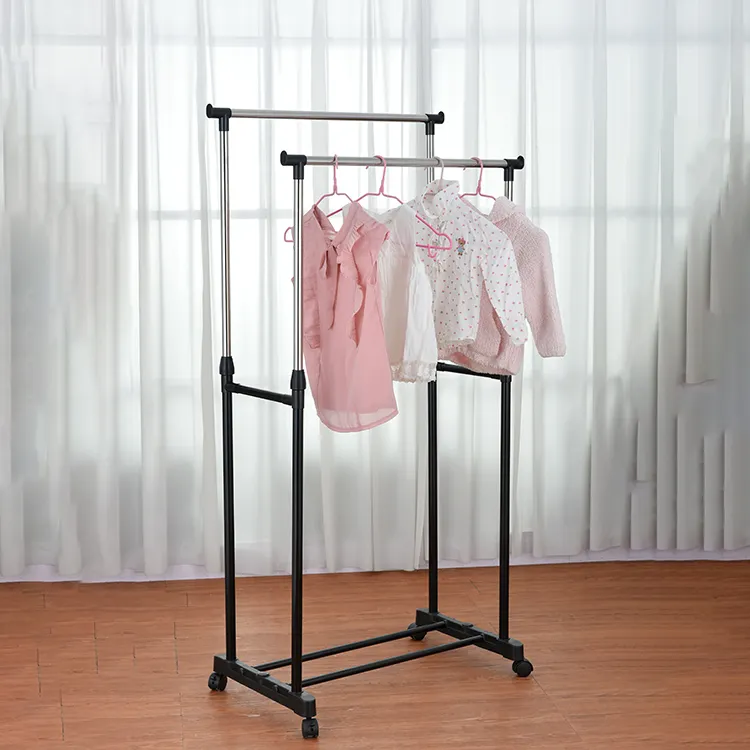 New type coat garment rack double pole clothes hanger rack stand with wheels