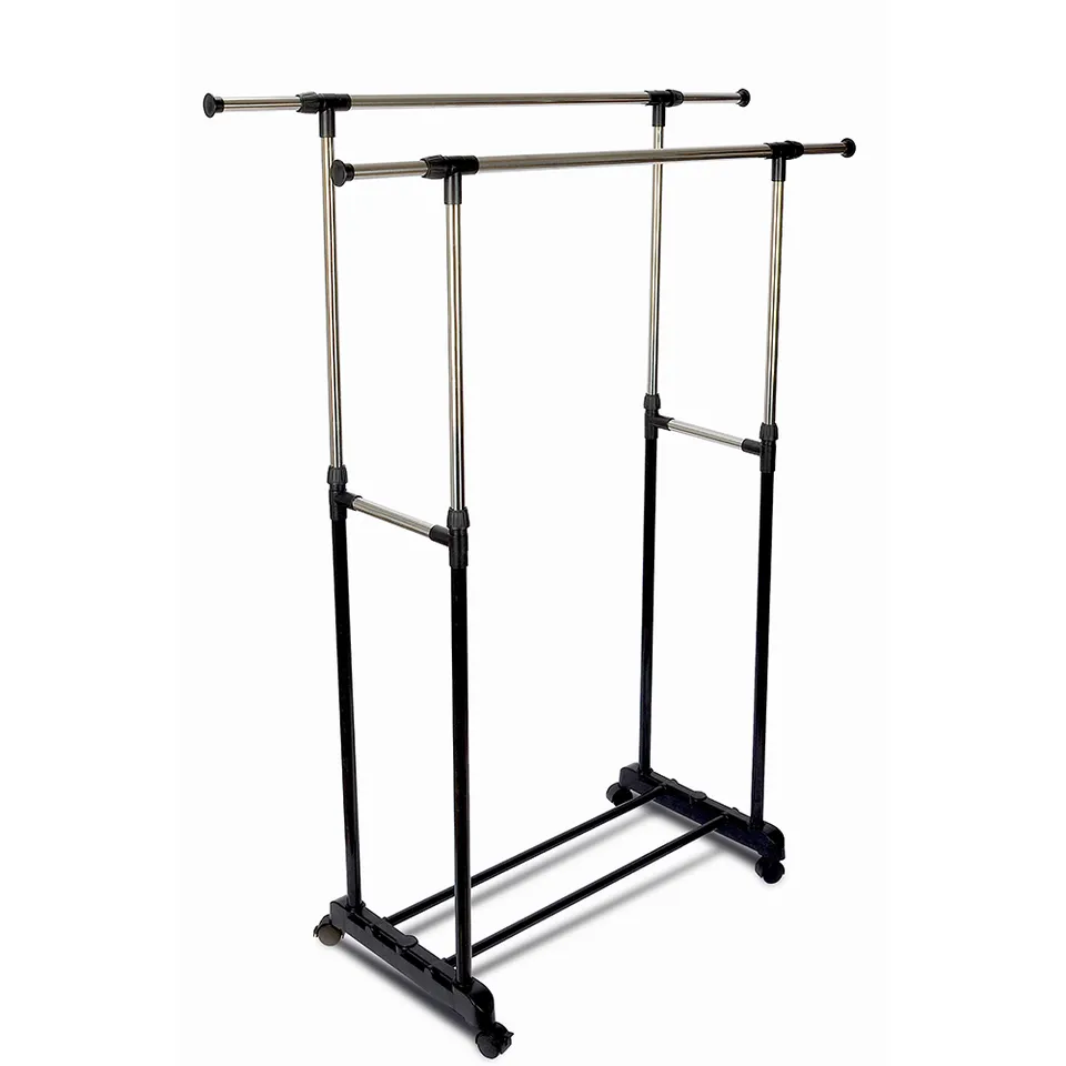 Black Double Rod Height Adjustable Telescopic Hanging Coat Rack With 2 Tier Storage Rack