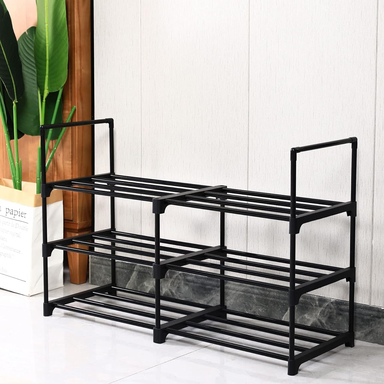 Stackable Black Shoe Rack 3-Tier Expandable And Adjustable Shoe Shelf Storage Organizer For Home