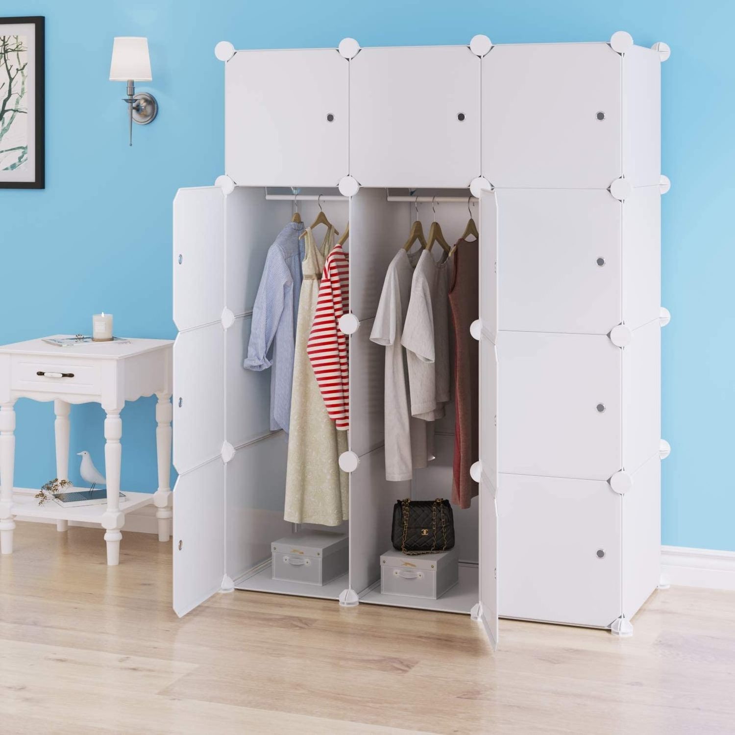 DIY Portable Wardrobe with Hanging Rod, Plastic Modular Cabinet Combination Armoire for Space Saving