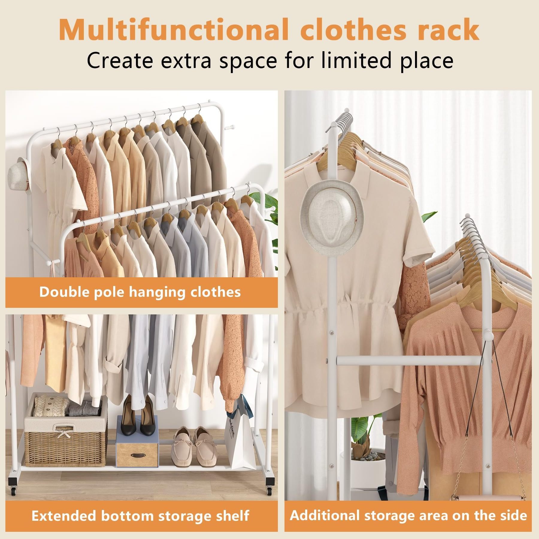 Durable High Quality Coat Rack Portable Floor Standing Metal Hangers Bedroom Hanging Clothes Coat Racks For Double Pole