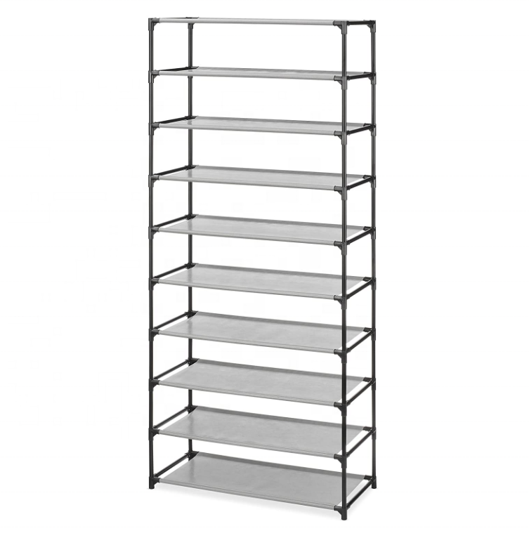 10 Tier 30 Pairs Non-Woven Outdoor Fabric Metal Shoe Rack Storage Organizer Cabinet Waterproof Free Standing Shoe Rack