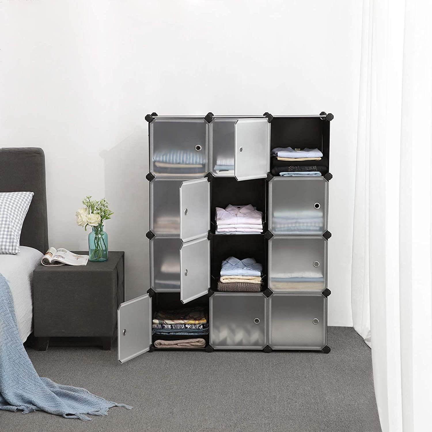 Cube Storage Organizer 12-Cube Closet Storage Shelves, DIY Plastic Closet Cabinet, Modular Bookcase  Shelving with Doors