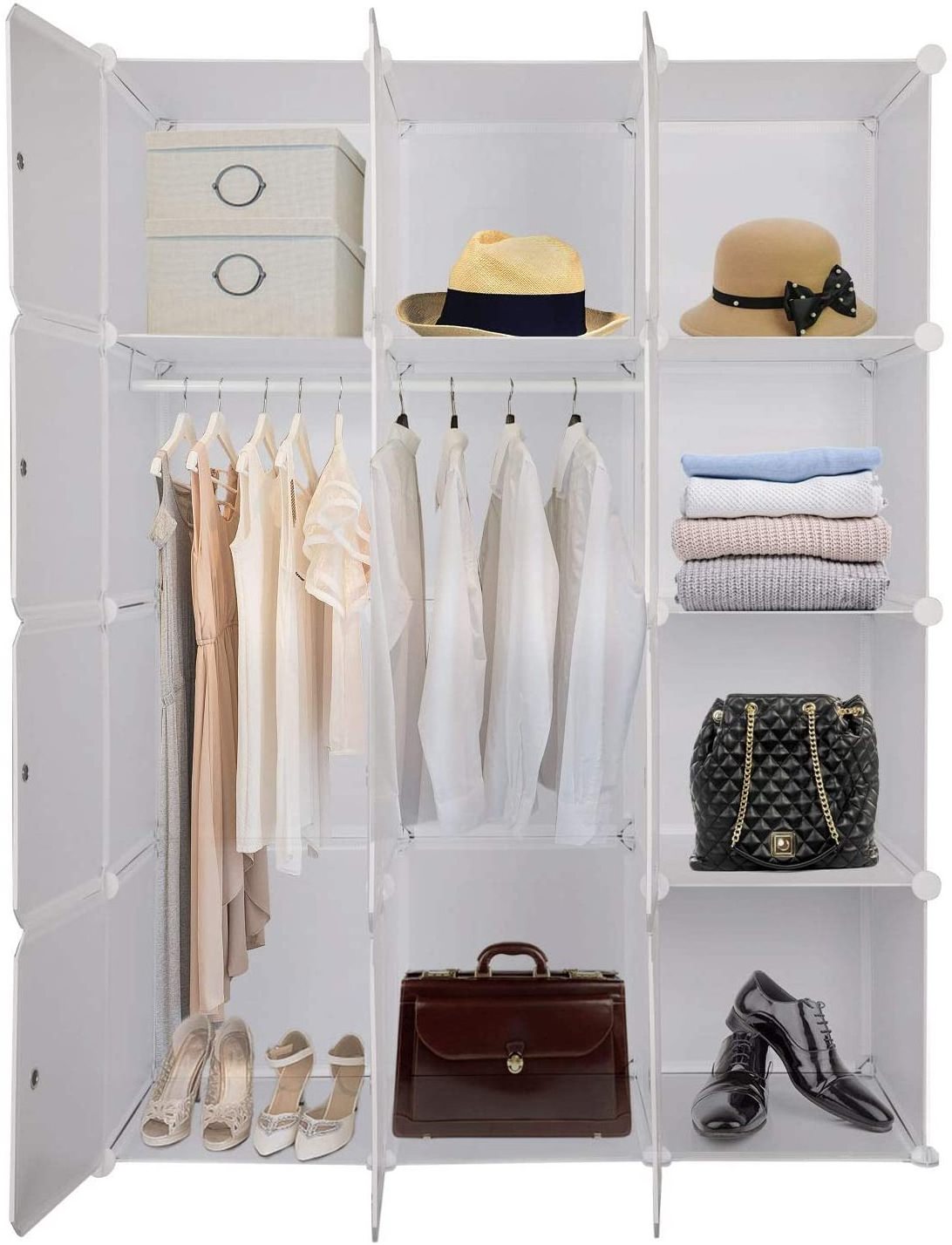 DIY Portable Wardrobe with Hanging Rod, Plastic Modular Cabinet Combination Armoire for Space Saving