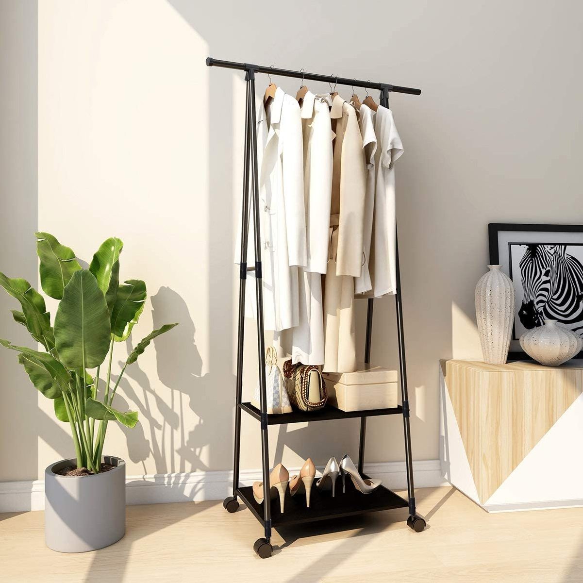 Clothes Rack Small Garment Rack with 2-tier Shelves Clothing Rack on Wheels for Hanging Clothes