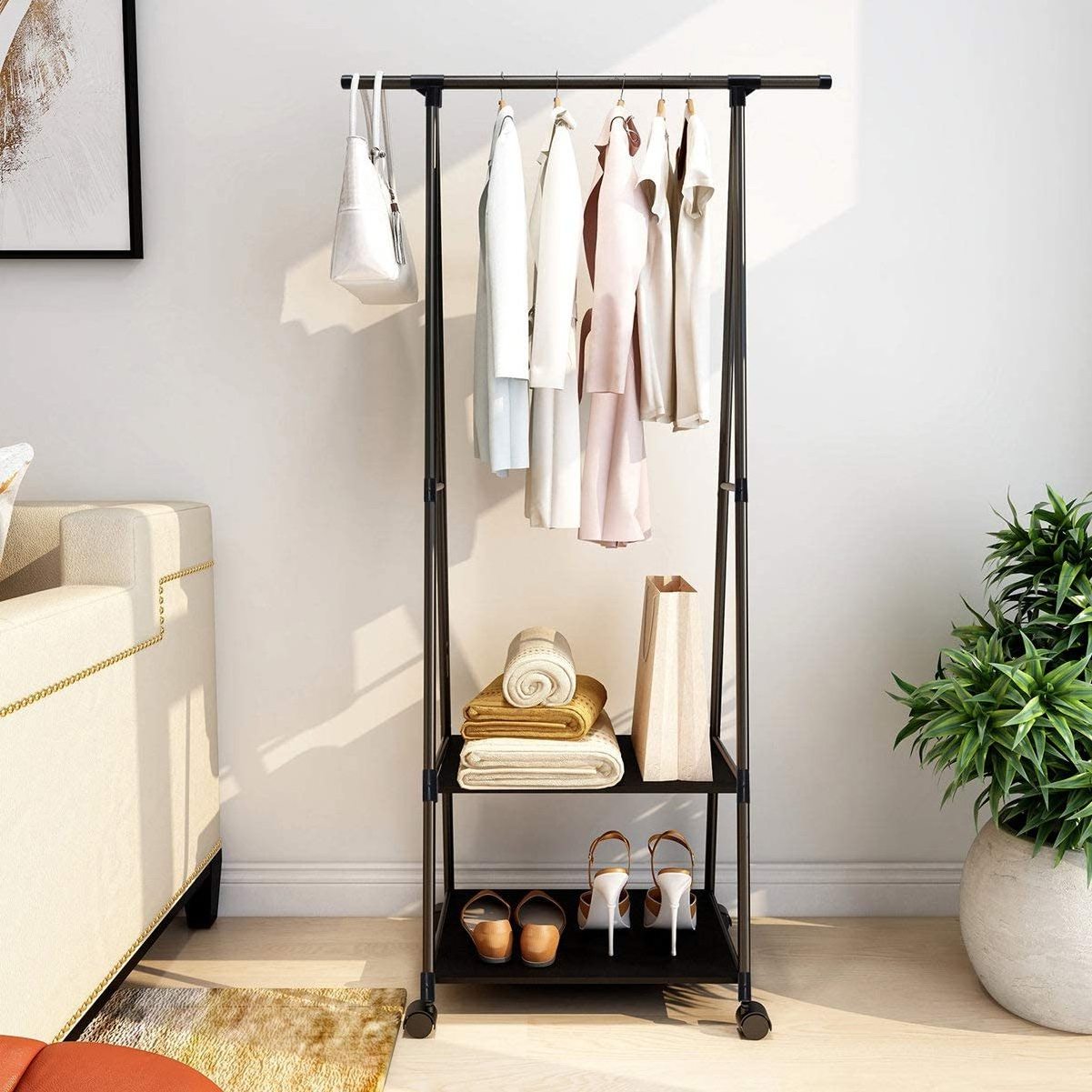 Clothes Rack Small Garment Rack with 2-tier Shelves Clothing Rack on Wheels for Hanging Clothes