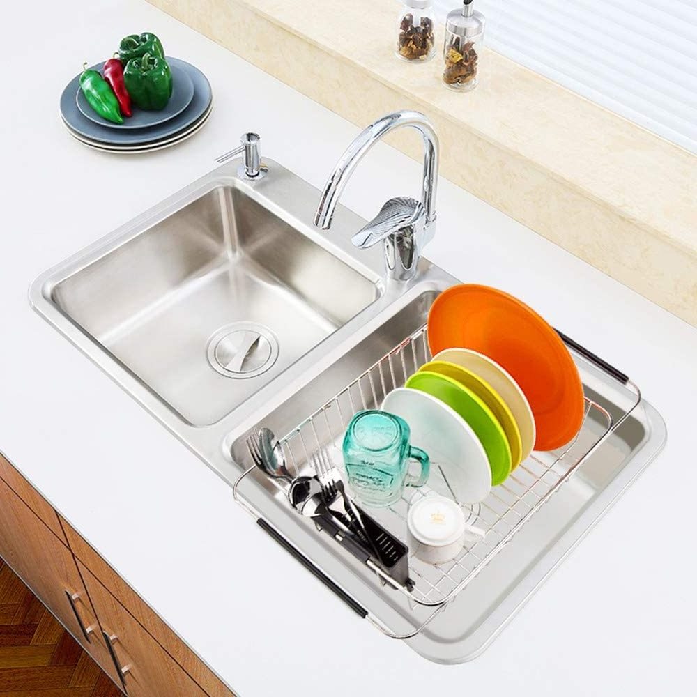 Expandable Dish Drying Rack Rustproof Stainless Steel Over The Sink Dish Drainer With Silverware Holder