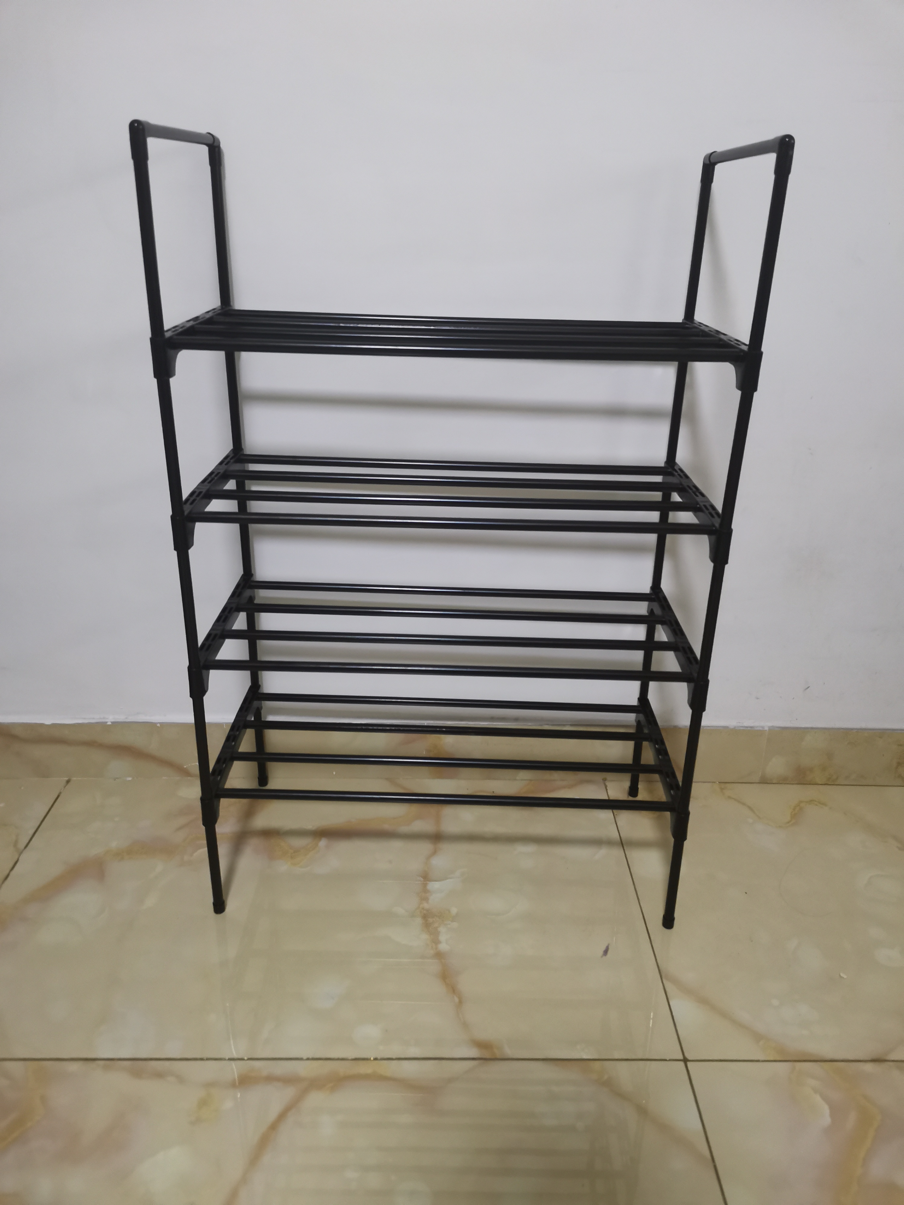 4 layers Shoe Tower, Black Metal Storage Shelf, Standing indoor Shoe Rack