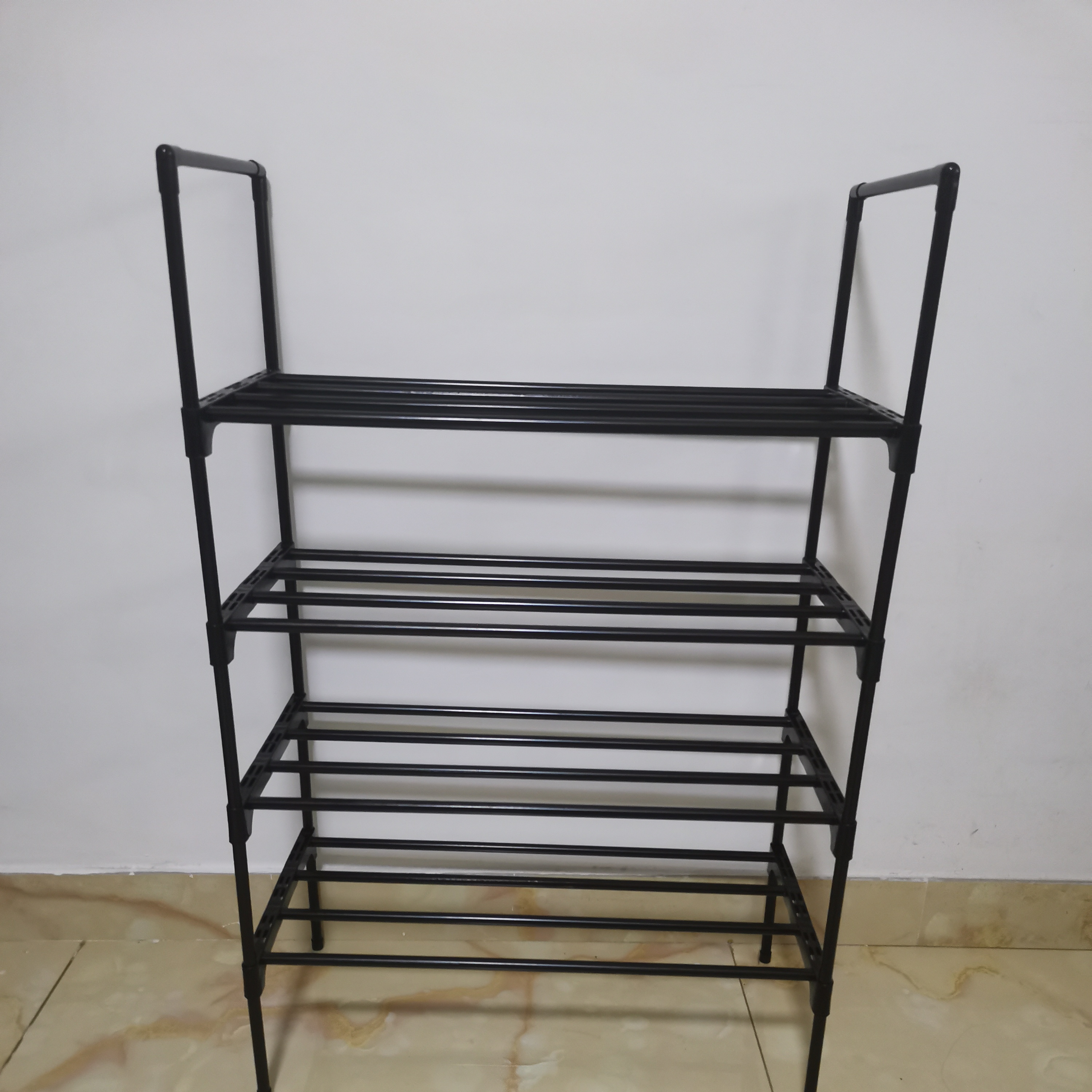 4 layers Shoe Tower, Black Metal Storage Shelf, Standing indoor Shoe Rack