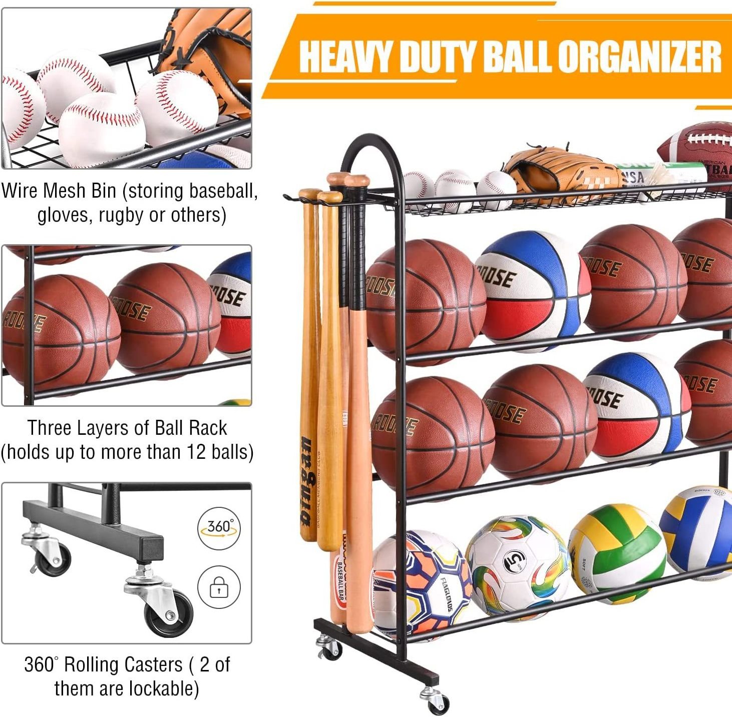 Metal detachable wheel ball holder Simple multi-layer basketball storage rack