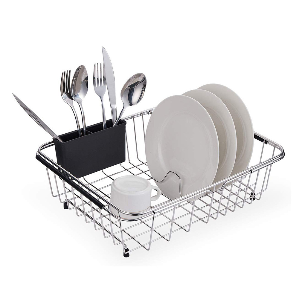 Expandable Dish Drying Rack Rustproof Stainless Steel Over The Sink Dish Drainer With Silverware Holder