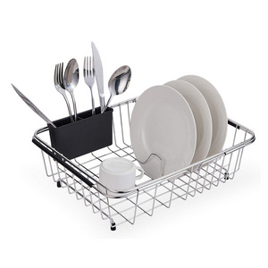 Expandable Dish Drying Rack Rustproof Stainless Steel Over The Sink Dish Drainer With Silverware Holder