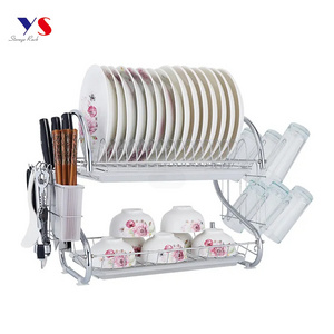 Wholesale 2 tier Electroplate Silver S type Wire Metal Dish  Drying Rack for Storage Kitchen Supplies