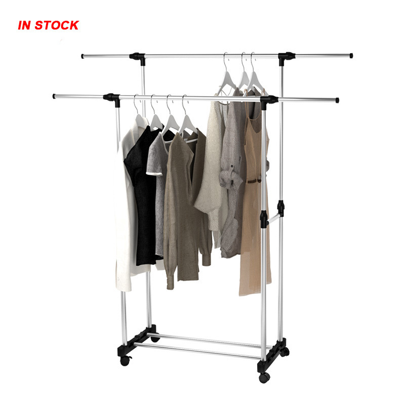 Adjustable Staning Extendable Double Pole Cloth Rack Hanger And Drying Clothes Racks