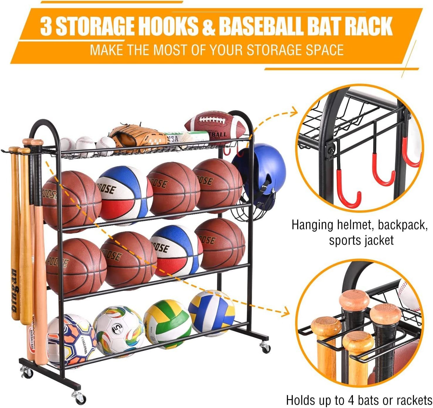 Metal detachable wheel ball holder Simple multi-layer basketball storage rack