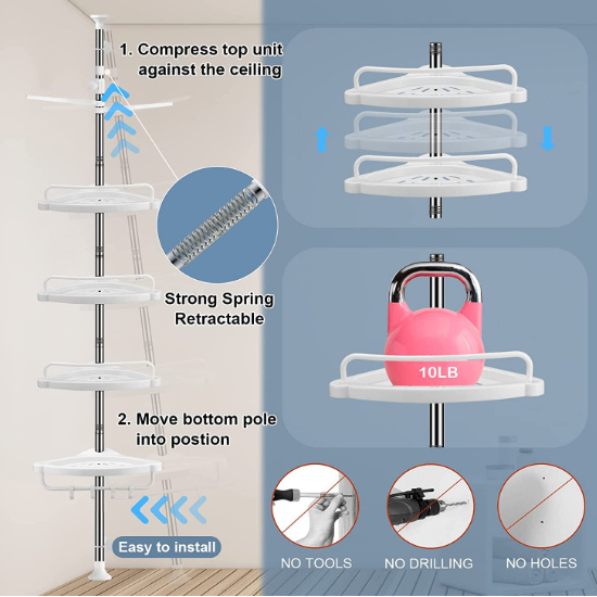 Rustproof Shower Caddy Tension Pole Dispenser 4 Tier Corner Caddy Shelf Height Adjustable Bathtub Organizer