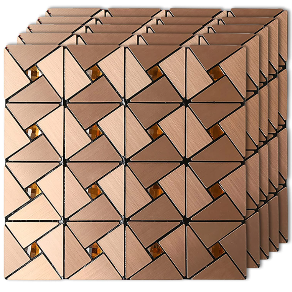 Rose gold Windmill Puzzle Glass Mixed Aluminum Surface  Kitchen Bathroom Metal Mosaic Smart Tile Self-adhesive Wall Sticker