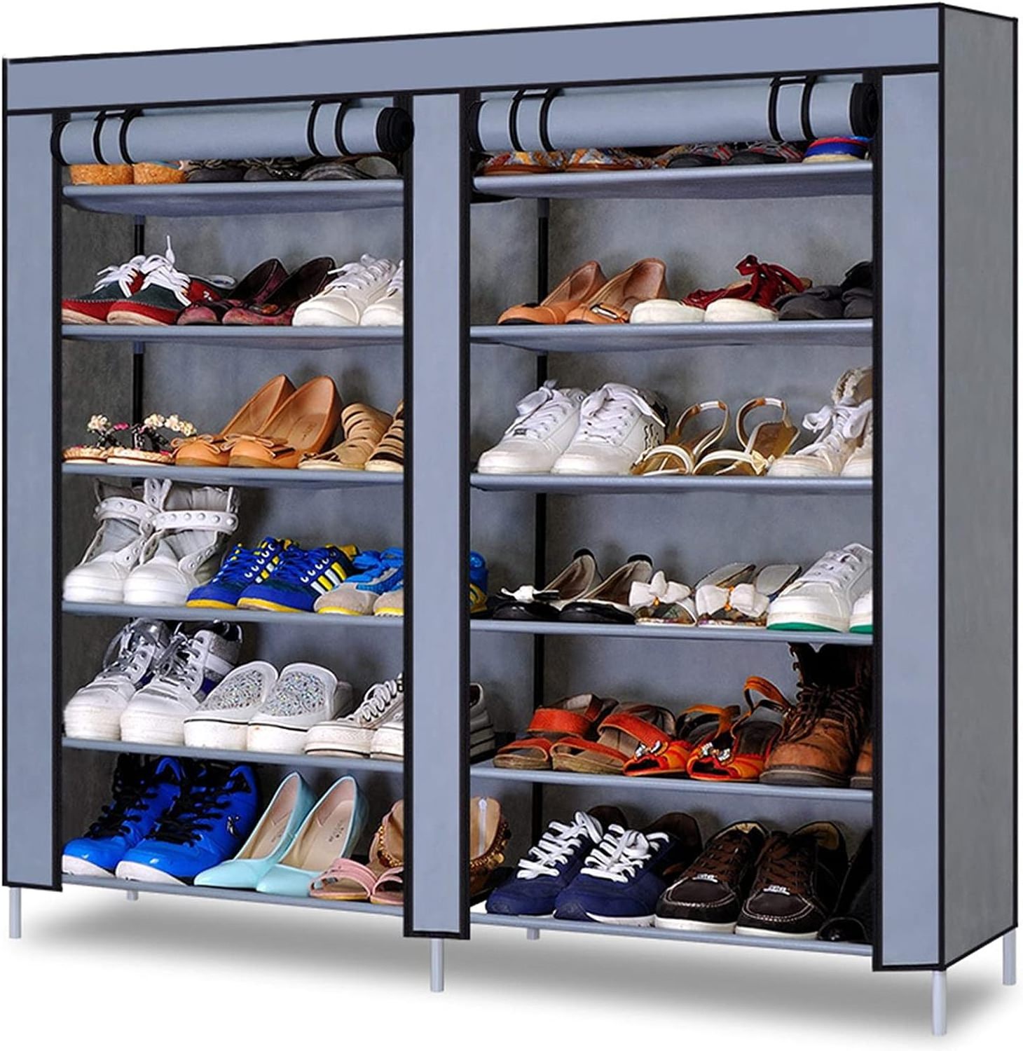 Double Row Shoe Rack Storage Rack 7 Layers Shoe Cabinet Shelf Wardrobe with Non-Woven Cover For 28 Pairs of Shoes, Grey