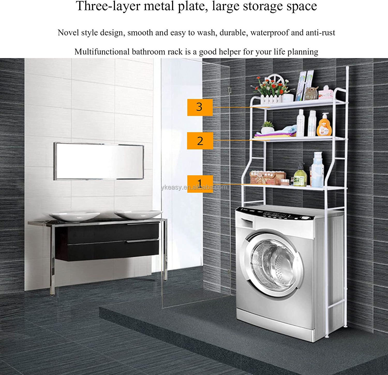 3-Tier Laundry Room Shelf Over Washing Machine Storage Utility Rack,Above Toilet Washer Dryer Stand Storage,Adjustable Bathroom