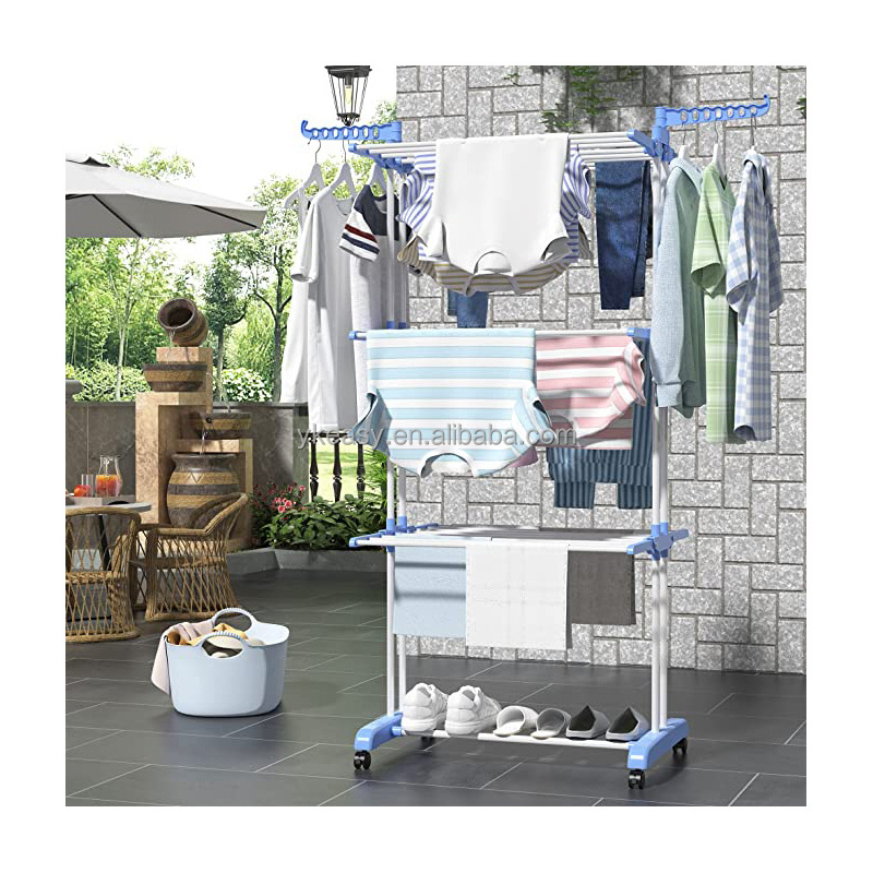 Cloth Drying Rack Folding Clothes Rail 3 Tier Clothes Horses Rack Stainless Steel Laundry Garment Dryer Stand with Two Side Wing