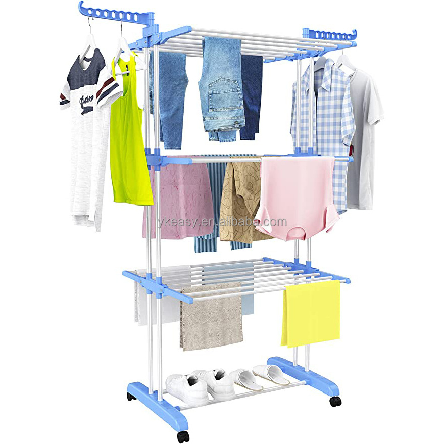 Cloth Drying Rack Folding Clothes Rail 3 Tier Clothes Horses Rack Stainless Steel Laundry Garment Dryer Stand with Two Side Wing