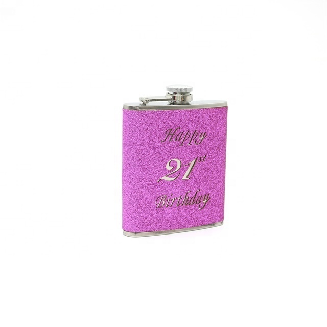 Pink Glitter PVC Coated Stainless Steel Liquor Whiskey Wine Alcohol Hip Flask For Girl Woman Birthday Gift With Hollow Logo