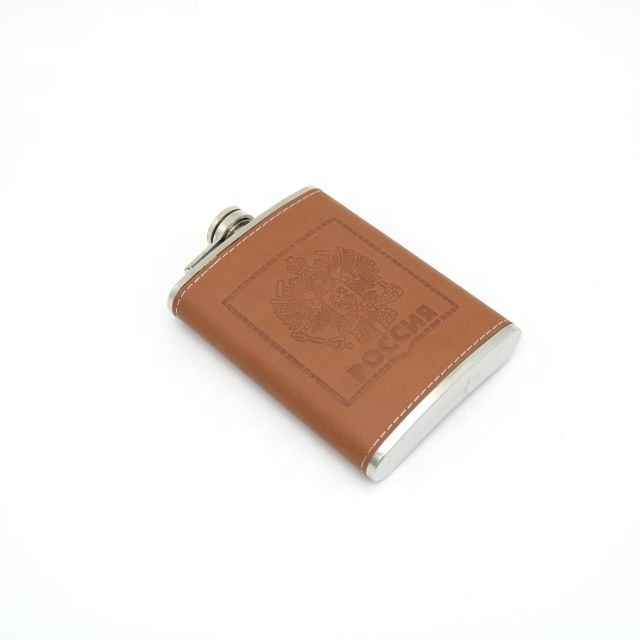 Promotional 8oz Brown Color Leather Wrapped Stainless Steel Liquor Whiskey Alcohol Hip Flask With Personalized Embossed Logo