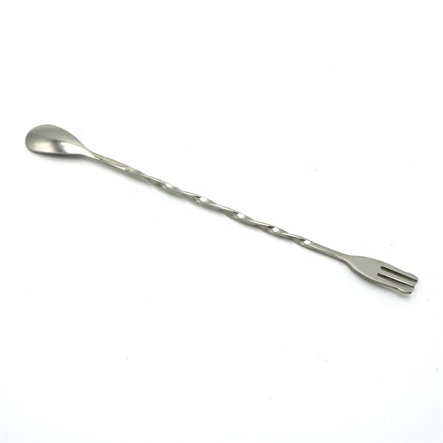 Classic Stainless Steel Bar Tools Beverages Cocktail Drinks Swizzle Stirring Mixing Twisted Spiral Spoon With Trident Fork Pick