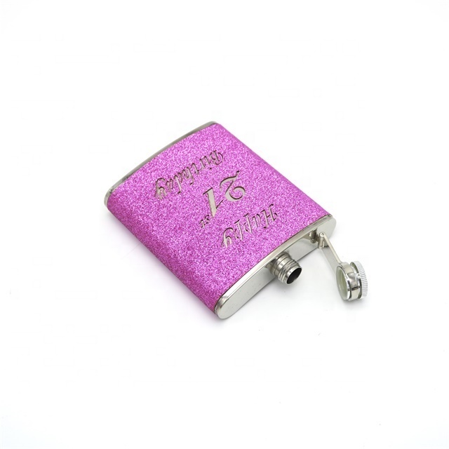 Pink Glitter PVC Coated Stainless Steel Liquor Whiskey Wine Alcohol Hip Flask For Girl Woman Birthday Gift With Hollow Logo