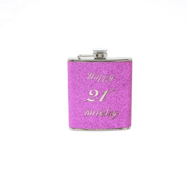 Pink Glitter PVC Coated Stainless Steel Liquor Whiskey Wine Alcohol Hip Flask For Girl Woman Birthday Gift With Hollow Logo