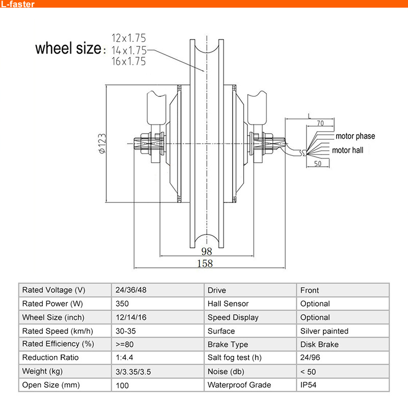 14 inch L-faster DIY 24v 36v 48v Brushless front wheel hub motor 350 watt electric bike conversion kit