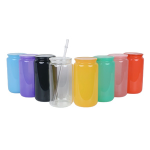 16oz Blank Tumbler Glass Beer Can With Colored Plastic Lid for Sublimation Printing Soda Shaped Cup with Straw