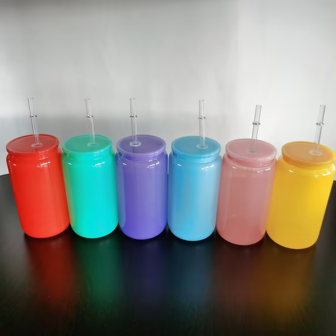 16oz Blank Tumbler Glass Beer Can With Colored Plastic Lid for Sublimation Printing Soda Shaped Cup with Straw