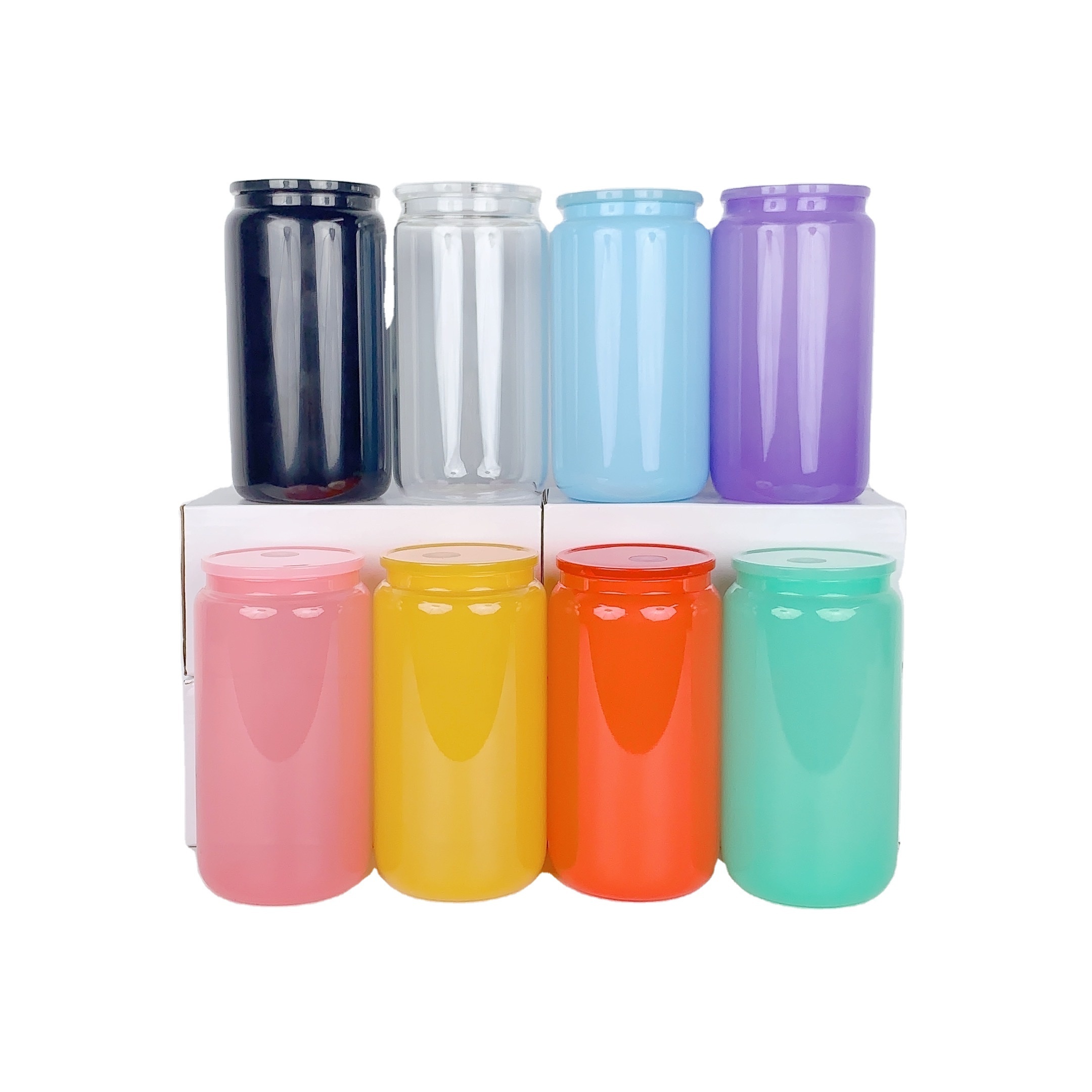 16oz Sublimation Glass Can Transparent Blank Tumbler with Plastic Lid and Straw Beer Water Iced Coffee Cup