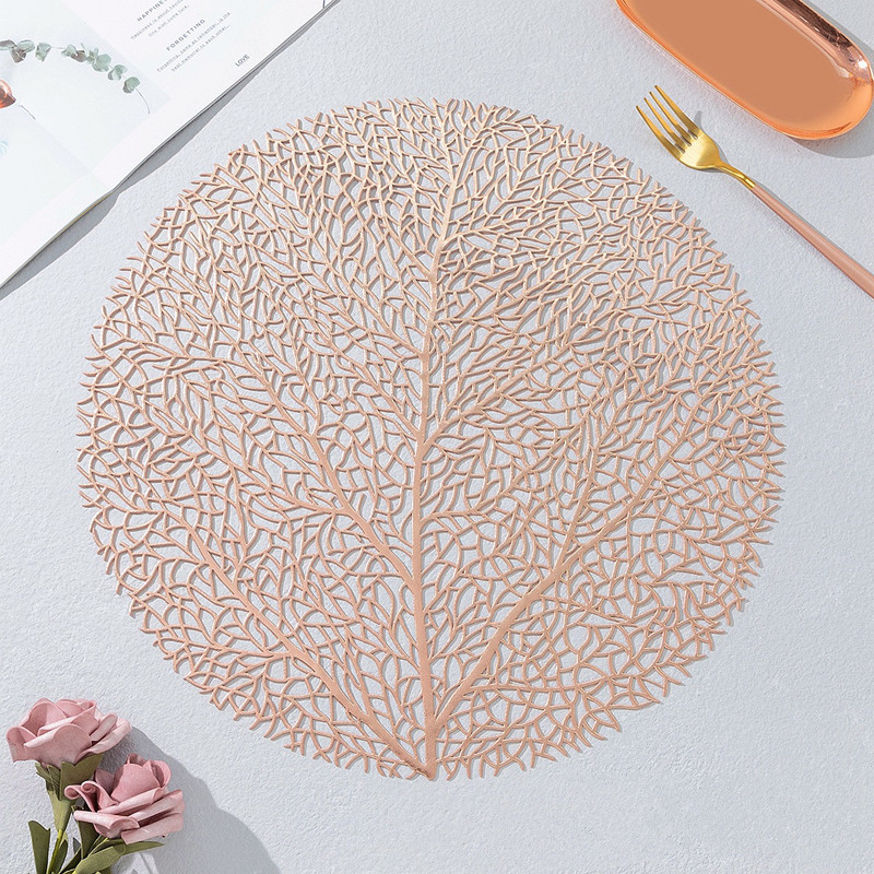 wholesale Table Decor Hollow Out tree lace round Metallic Gold Charger Plates Mats Vinyl PVC Placemats for wedding